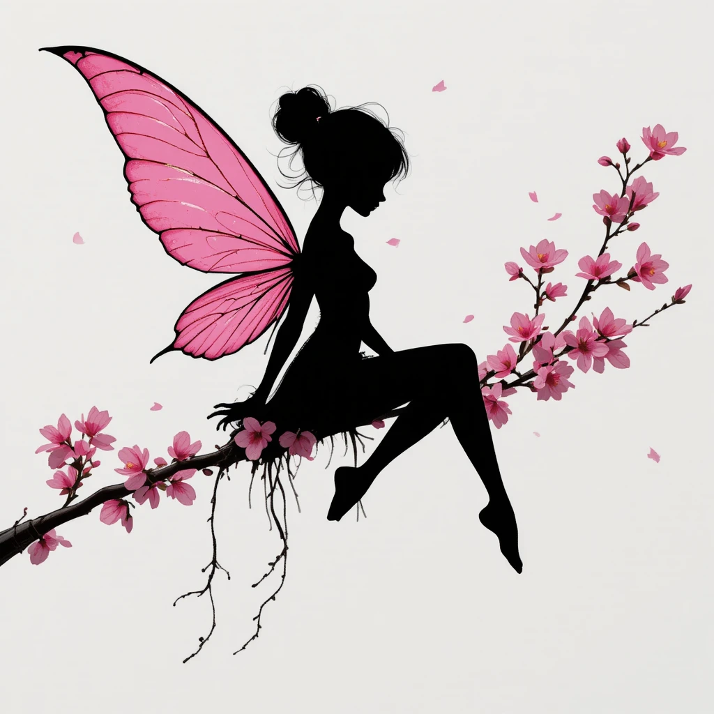 Minimalistische Feensilhouette mit rosa Kirschblütenflügeln