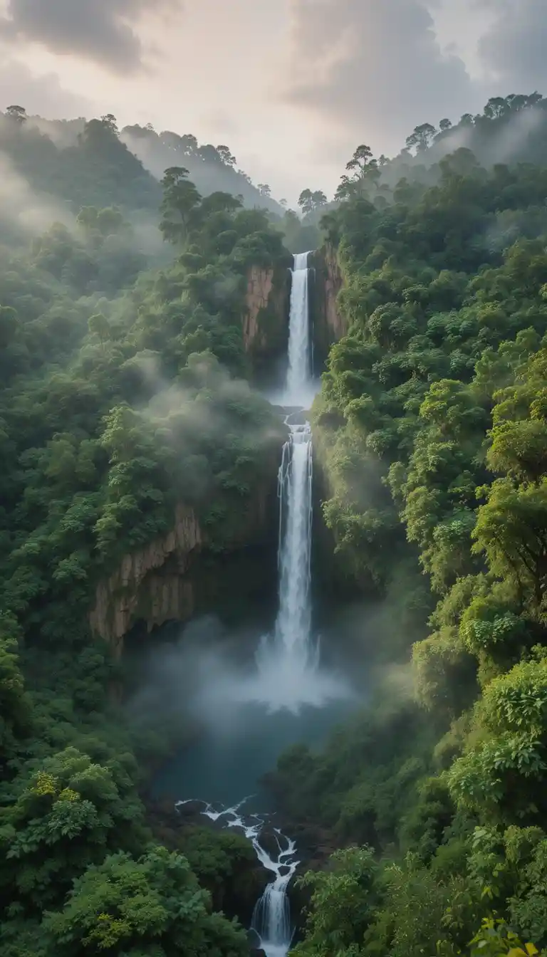 Majestueuse cascade tropicale plongeant dans un bassin brumeux de forêt tropicale