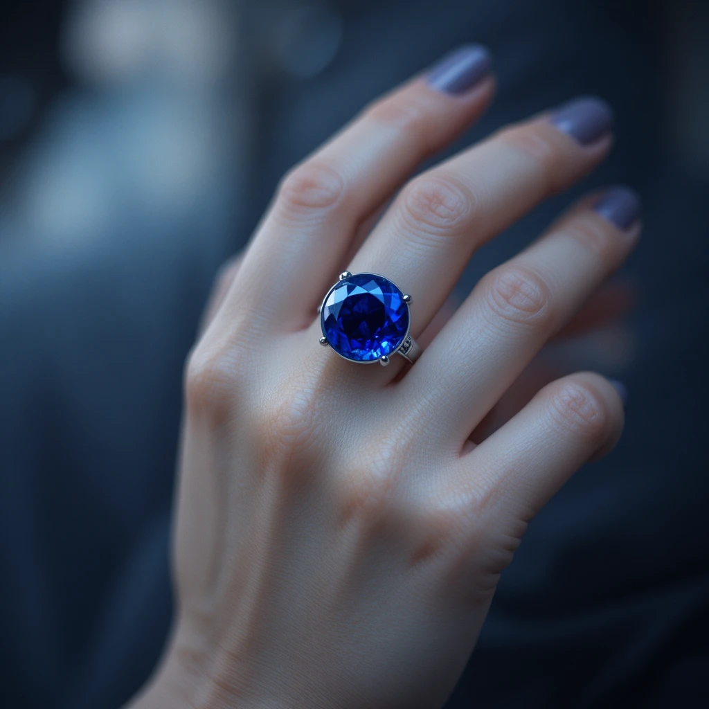 Nahaufnahme einer Hand mit blauem Kugelring in 3D-Ansicht