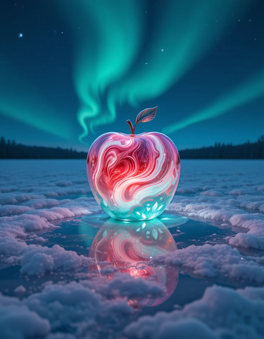 Pomme en Verre Lumineuse sur un Lac Gelé et Enneigé au Crépuscule