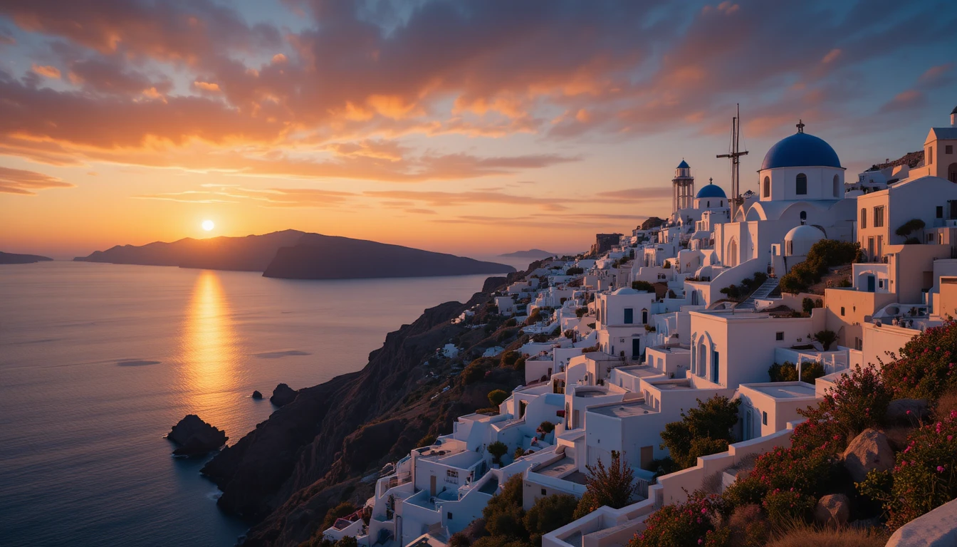Coucher de soleil romantique à Santorin sur un village blanc à flanc de falaise