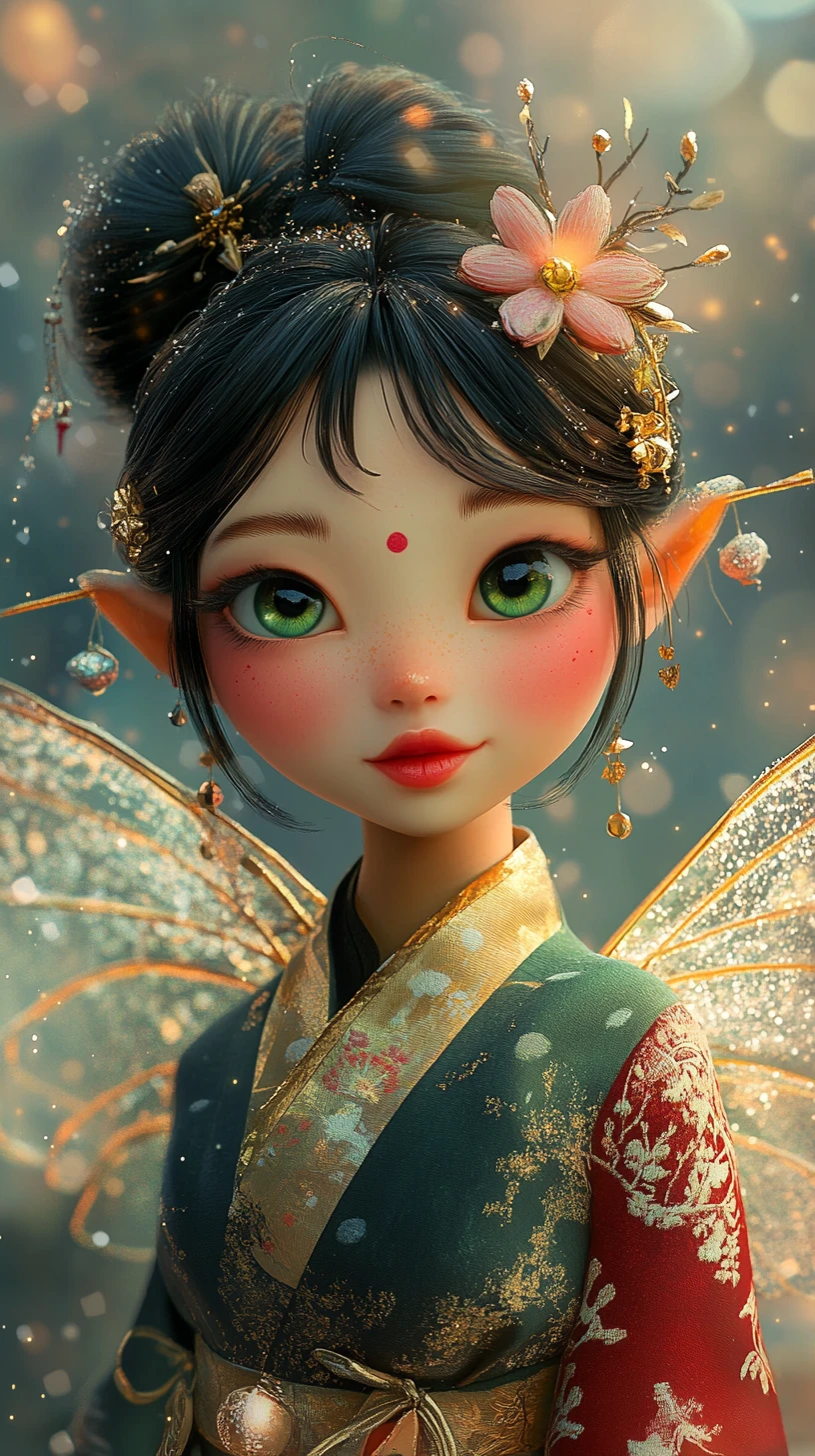 Incantevole ritratto di fata asiatica in kimono ornato
