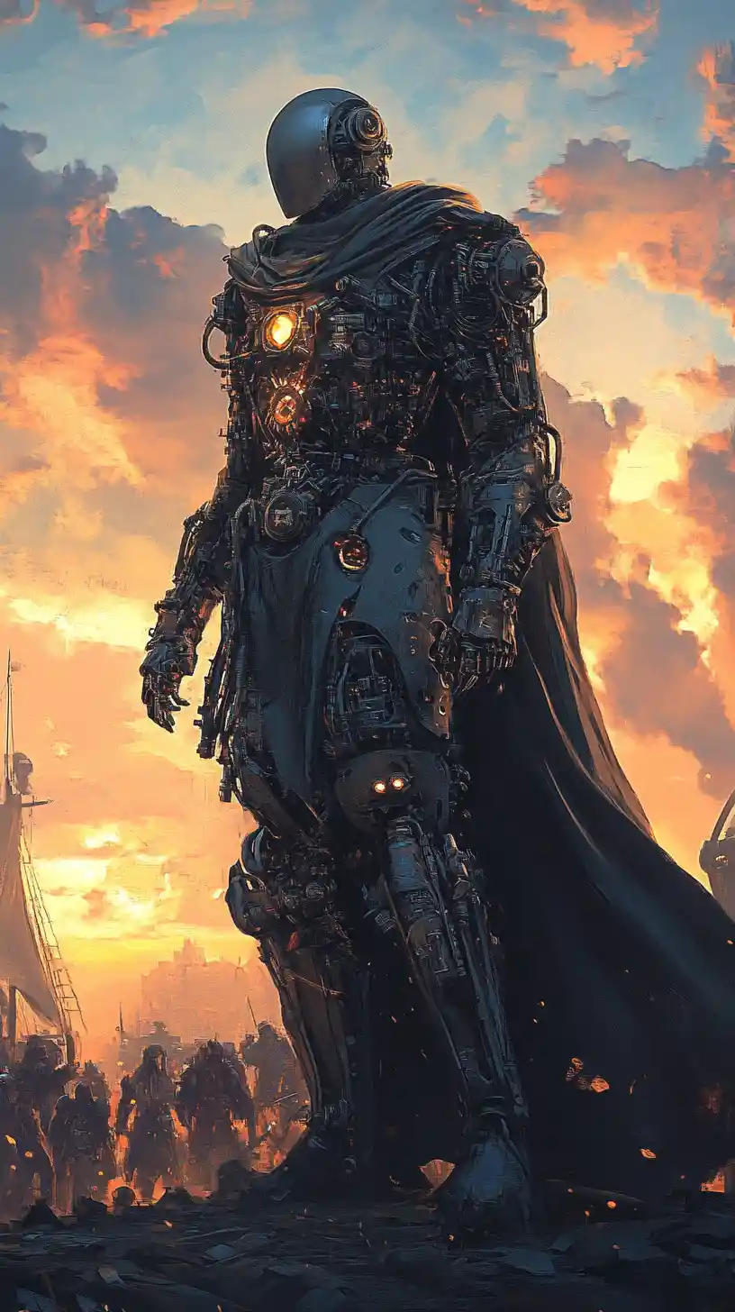 Héros steampunk fantastiques en armure mécanique sous une lumière douce