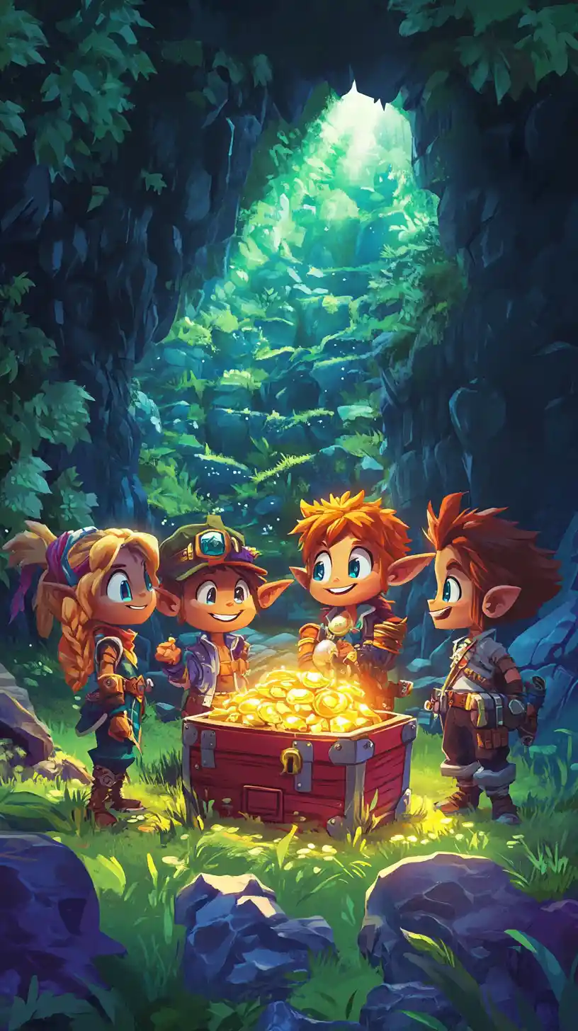 Aventureiros em estilo cartoon reunidos em volta de um baú de tesouro na entrada da caverna
