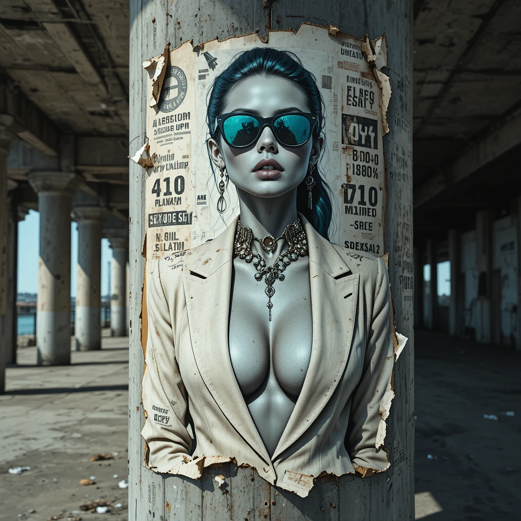 Manifesto stradale strappato con una femme fatale noir su un pilastro