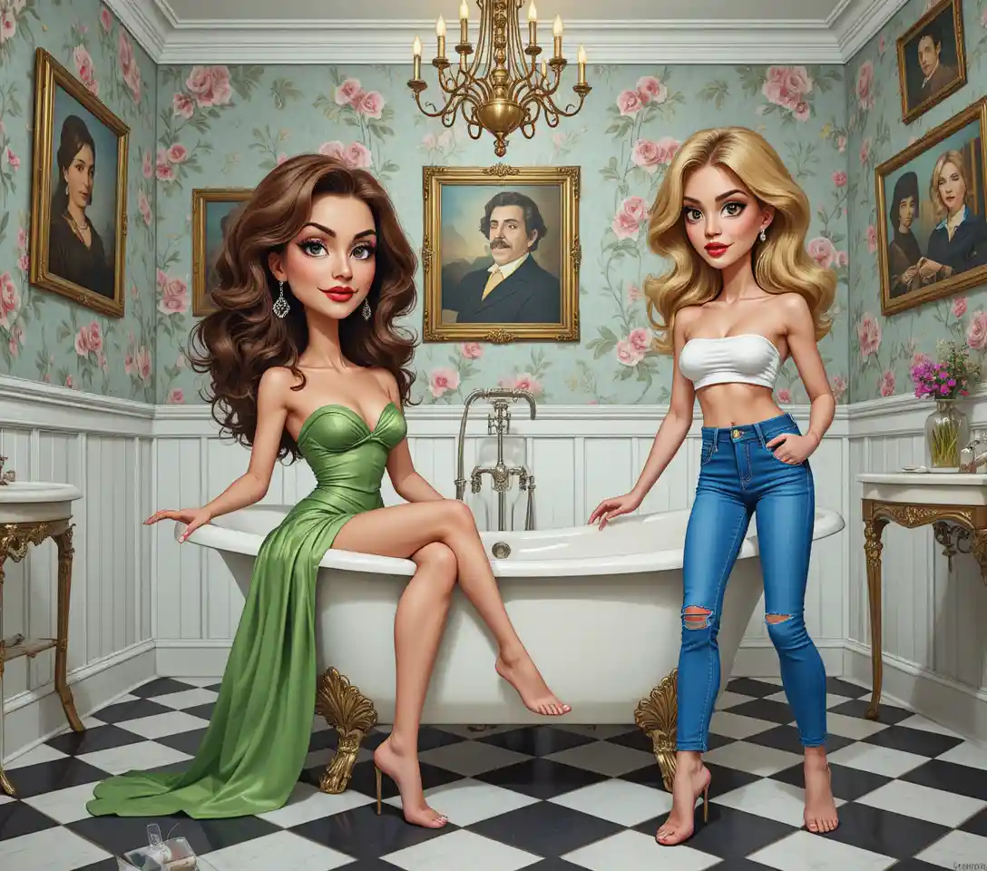 Duas mulheres descalças relaxando em um luxuoso banheiro floral