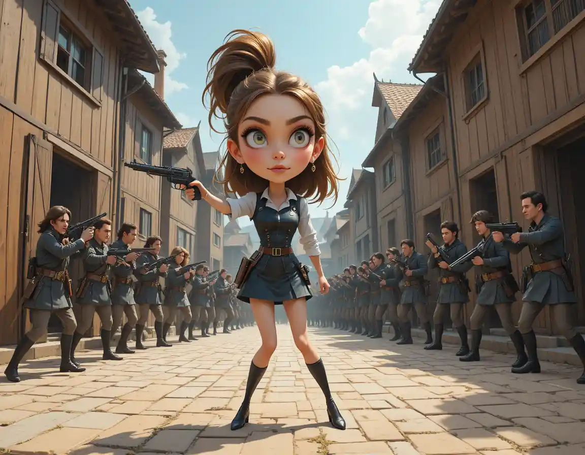 Jovem mulher em um pátio militar de madeira