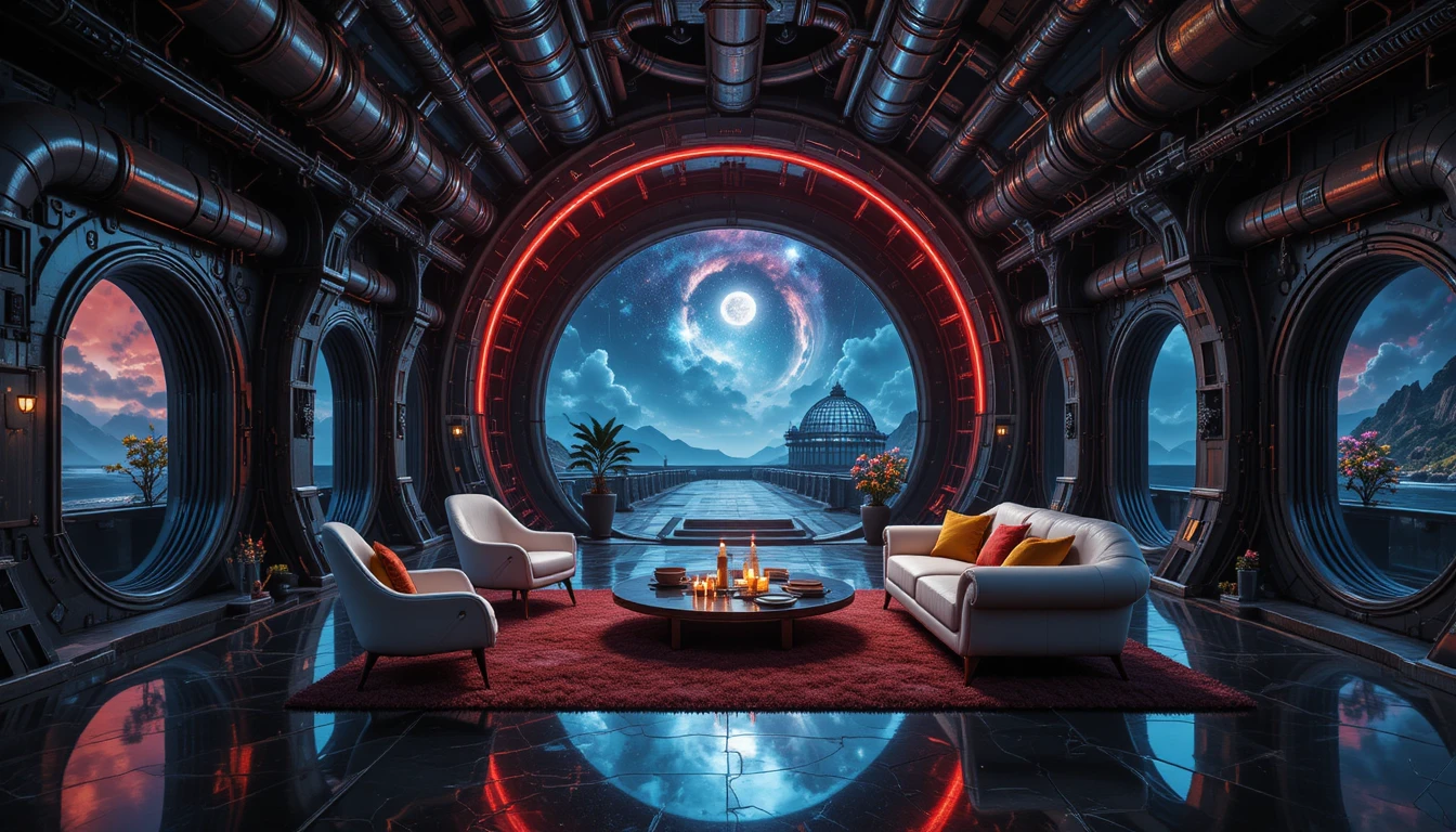 Ornate red chair against a swirling cosmic galaxy background