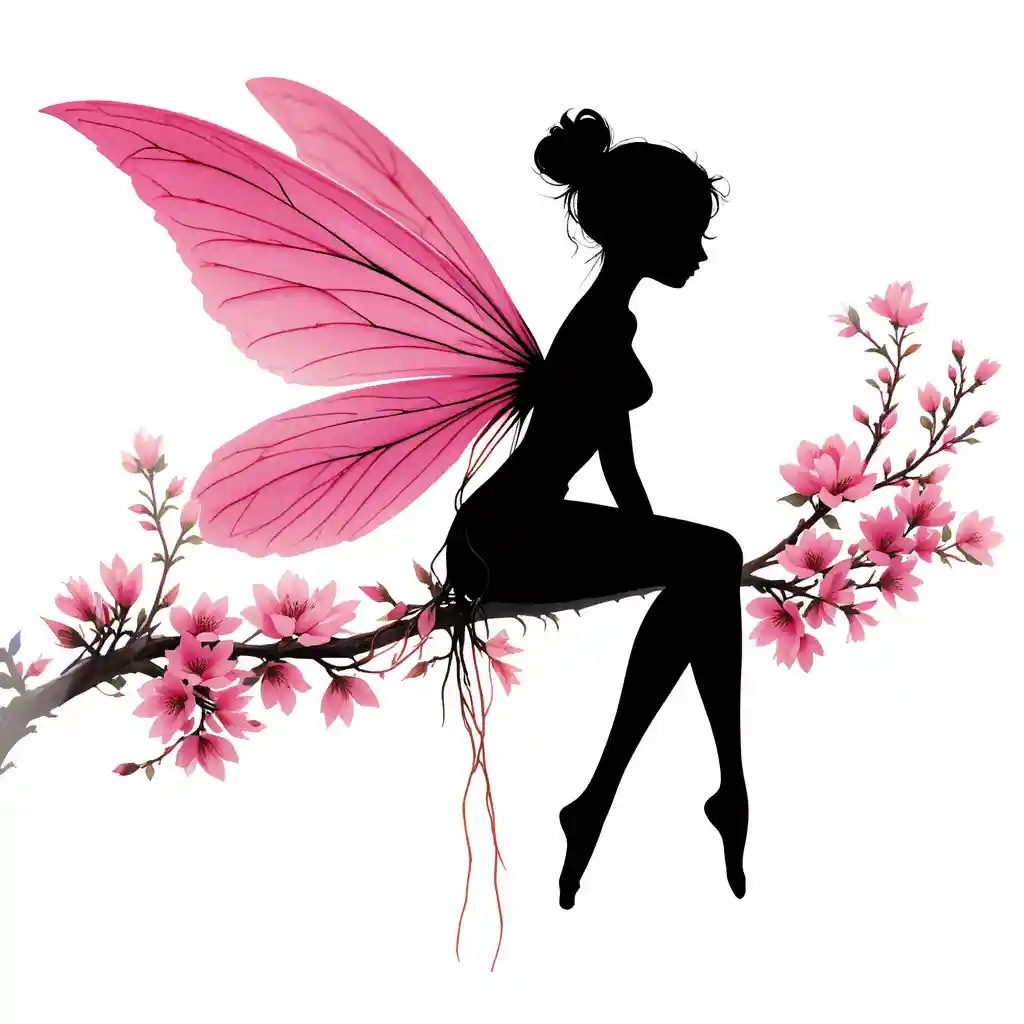 Minimalist fairy silhouette with pink wings on cherry branch