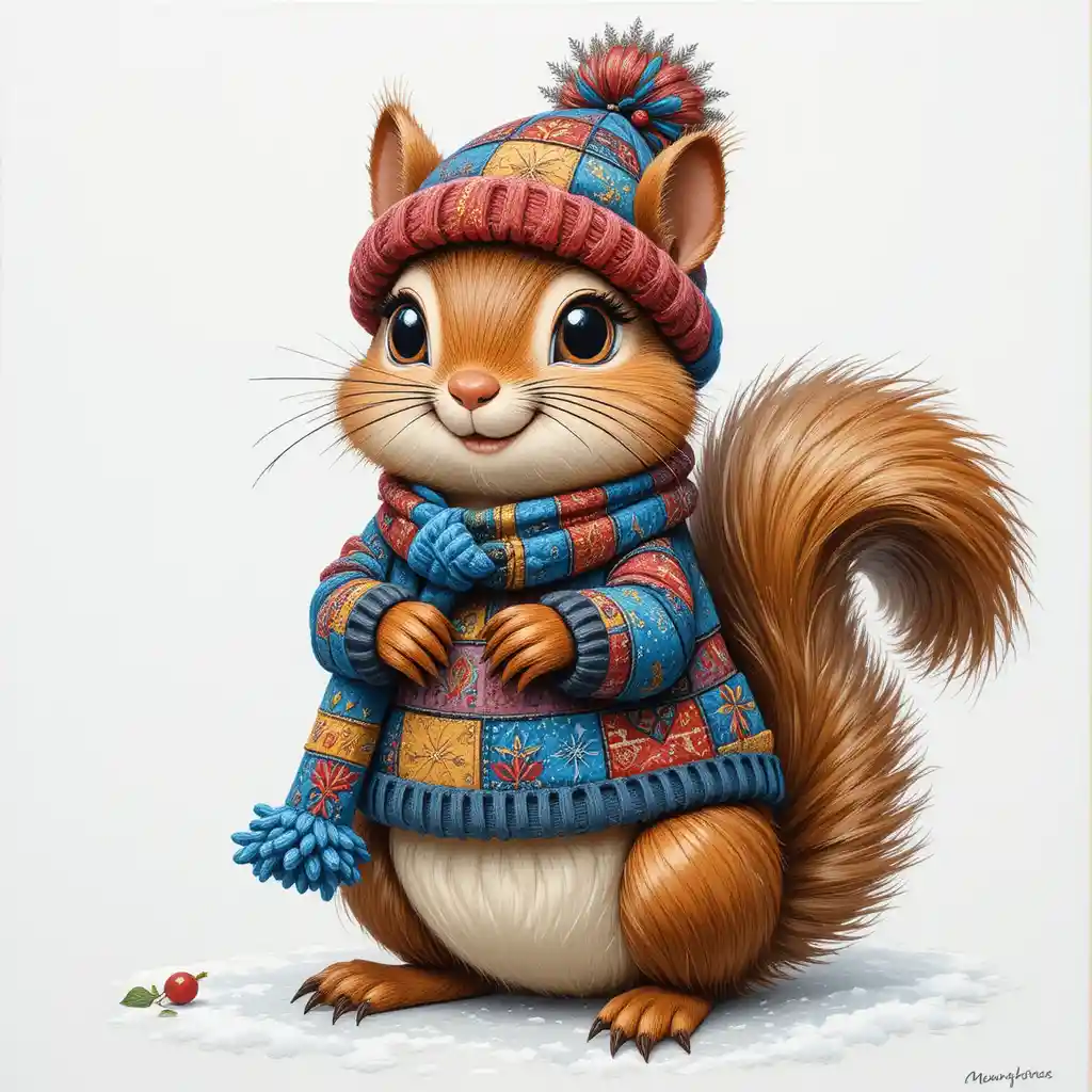 Scoiattolo Cartoon Fantasioso con Outfit Invernale Patchwork