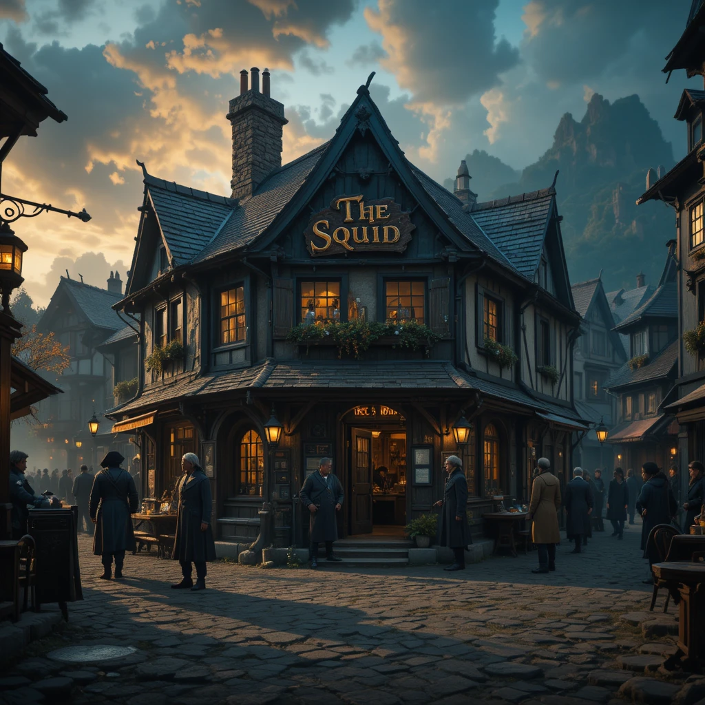 Vue cinématographique d’une taverne de pirates sur des rues pavées