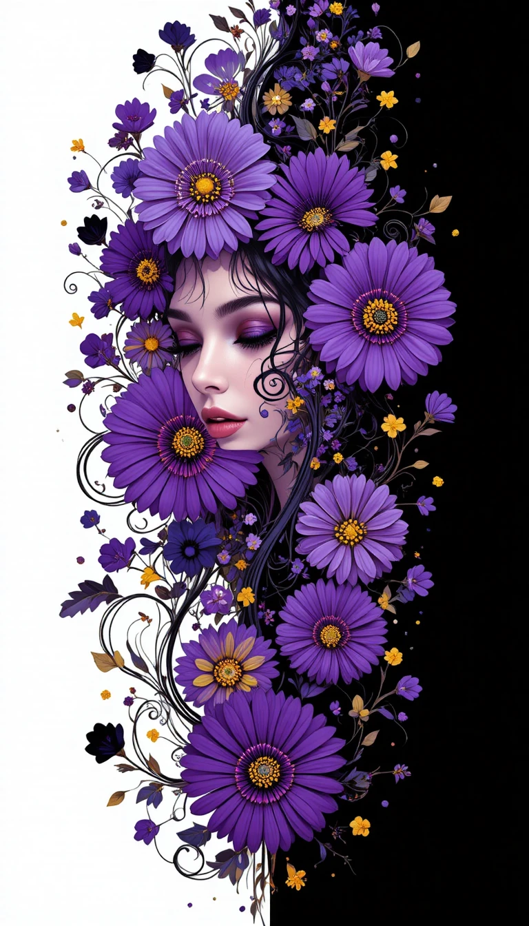 Illustration florale d’une femme avec des gerberas violets