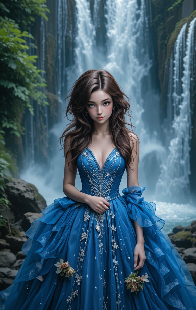 Jeune femme en robe bleue devant une cascade brumeuse