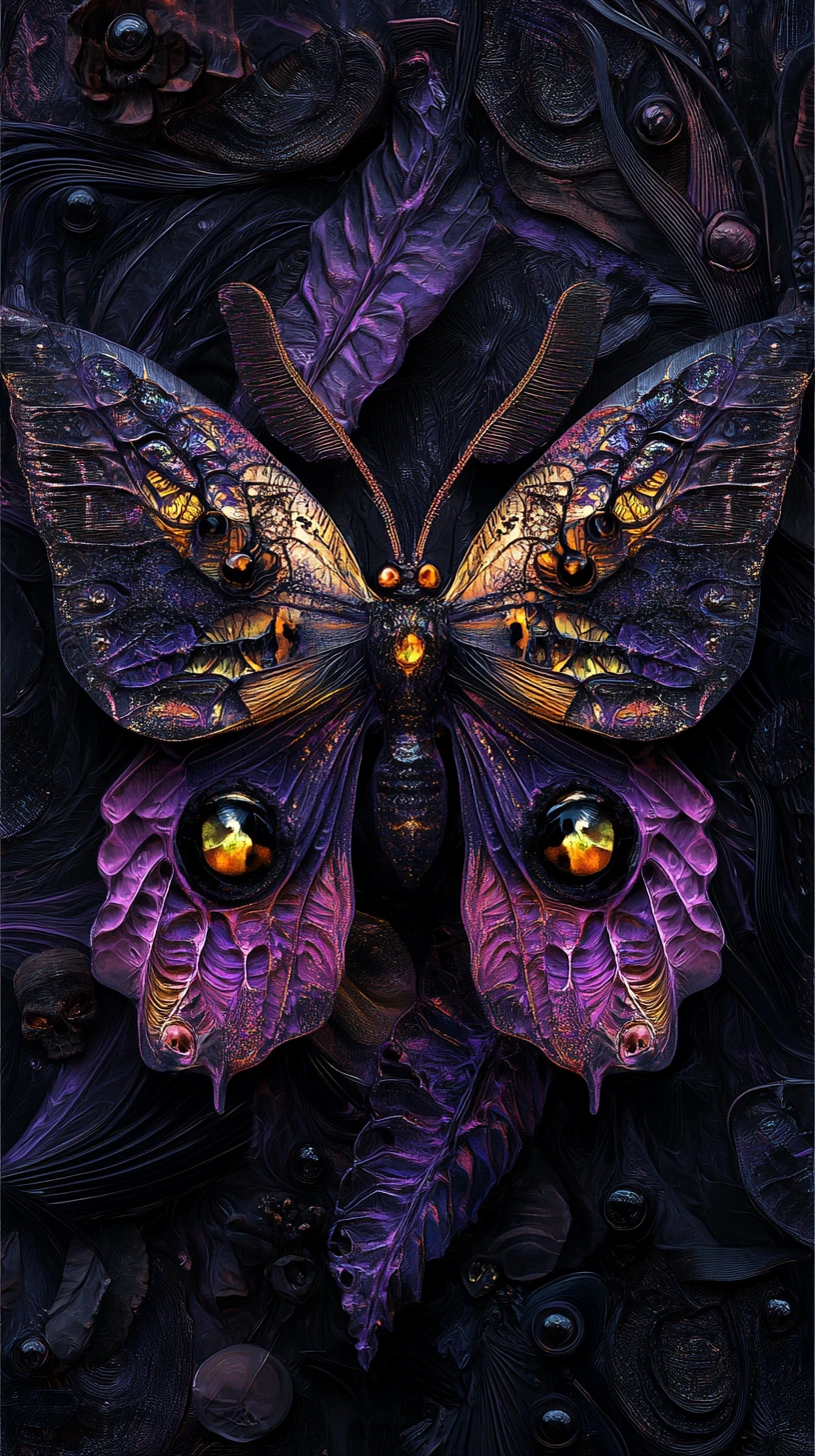 Mariposa mística surgindo de um reino sombrio e distorcido de fantasia