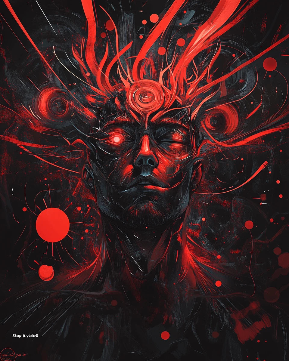 Abstrakte Anime-Gehirn-Illustration mit intensiver emotionaler Botschaft