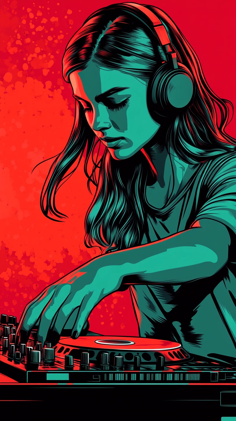 Joven mezclando música en una tornamesa de DJ al estilo pop art