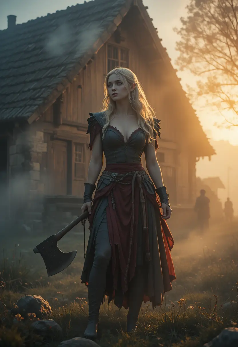 Blonde warrior woman with axe before a Viking longhouse