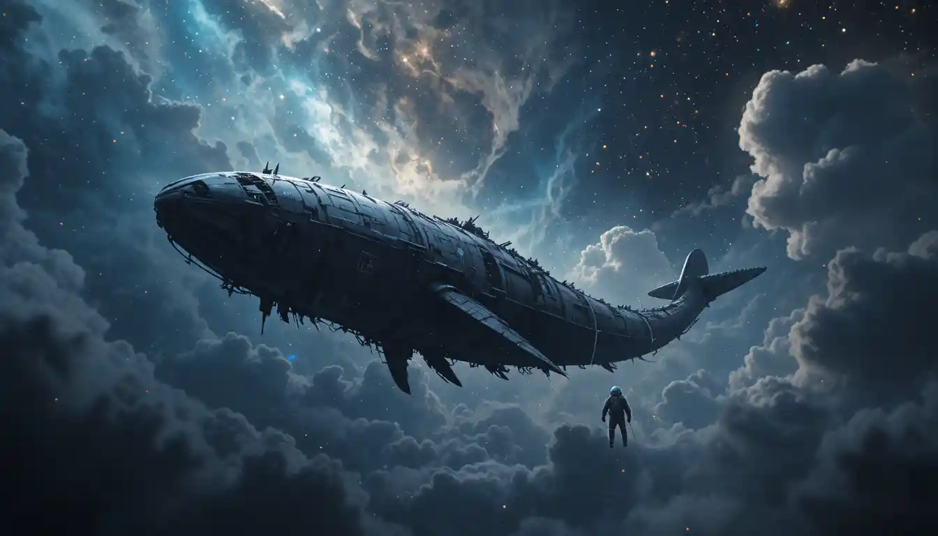 繫在龐大廢棄鯨魚星艦上的孤獨太空人