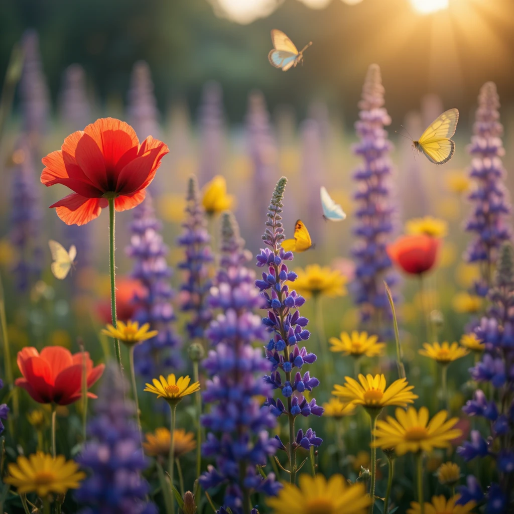Wildflower meadow close up in warm golden sunlight