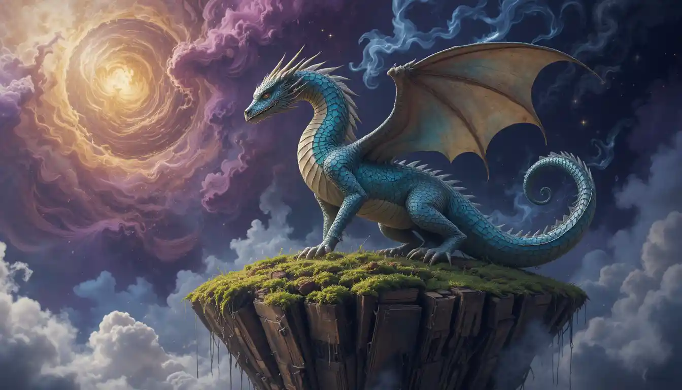 Drago maestoso su un'isola fluttuante di libri antichi