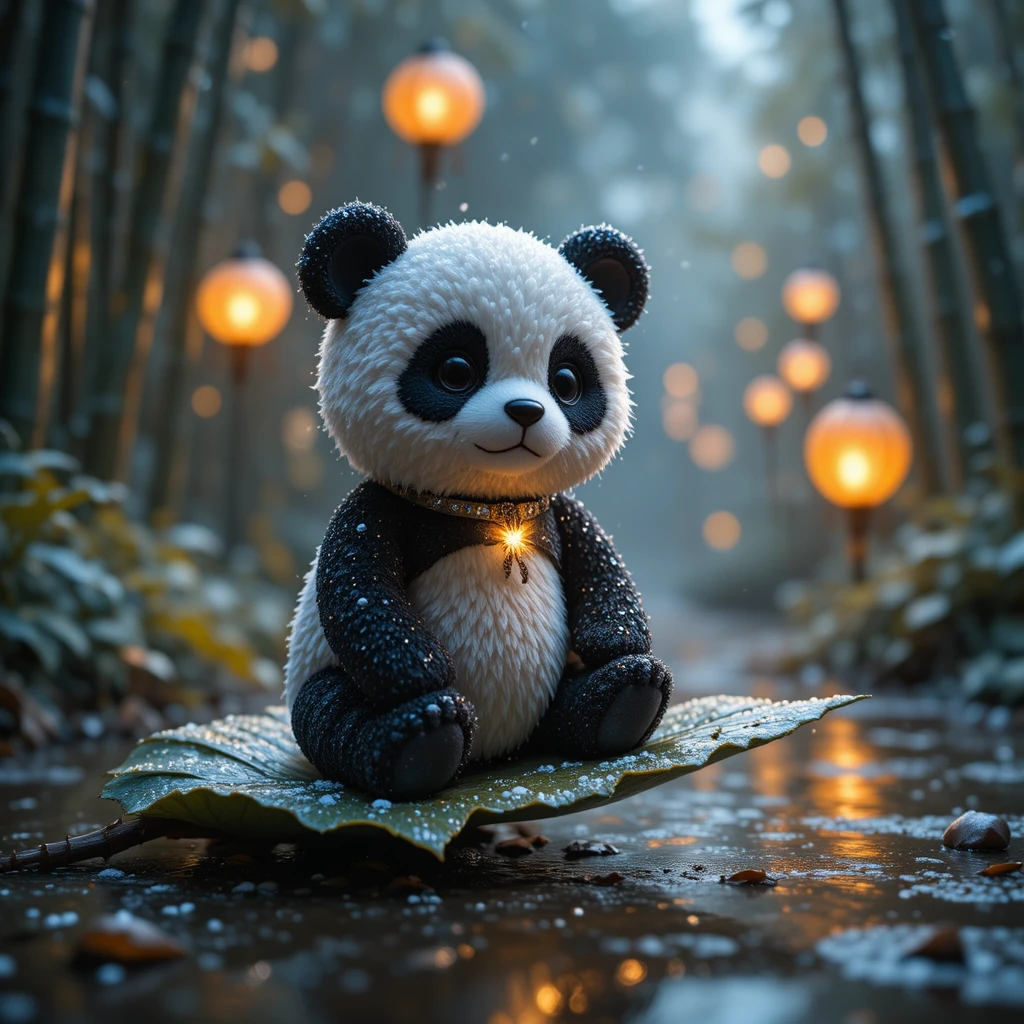 Fofo panda de pelúcia sobre folha molhada em floresta de inverno