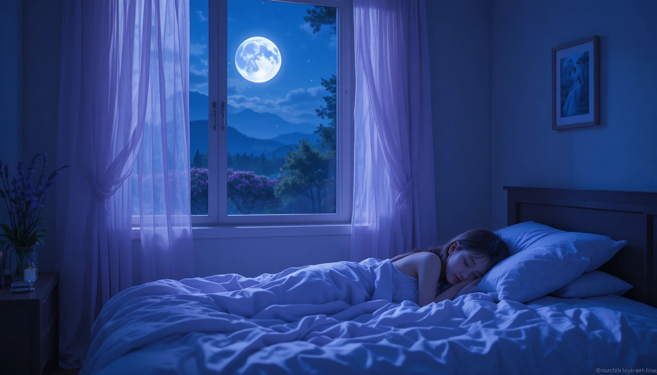 Camera da letto tranquilla con letto al chiaro di luna e tende leggere svolazzanti