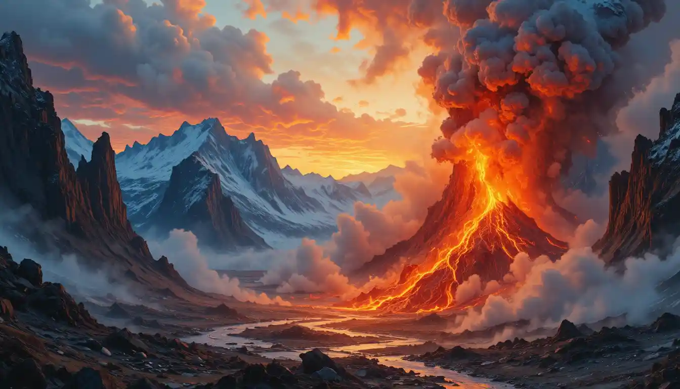 Fiery volcanic eruption over Icelandic cliffs at dusk