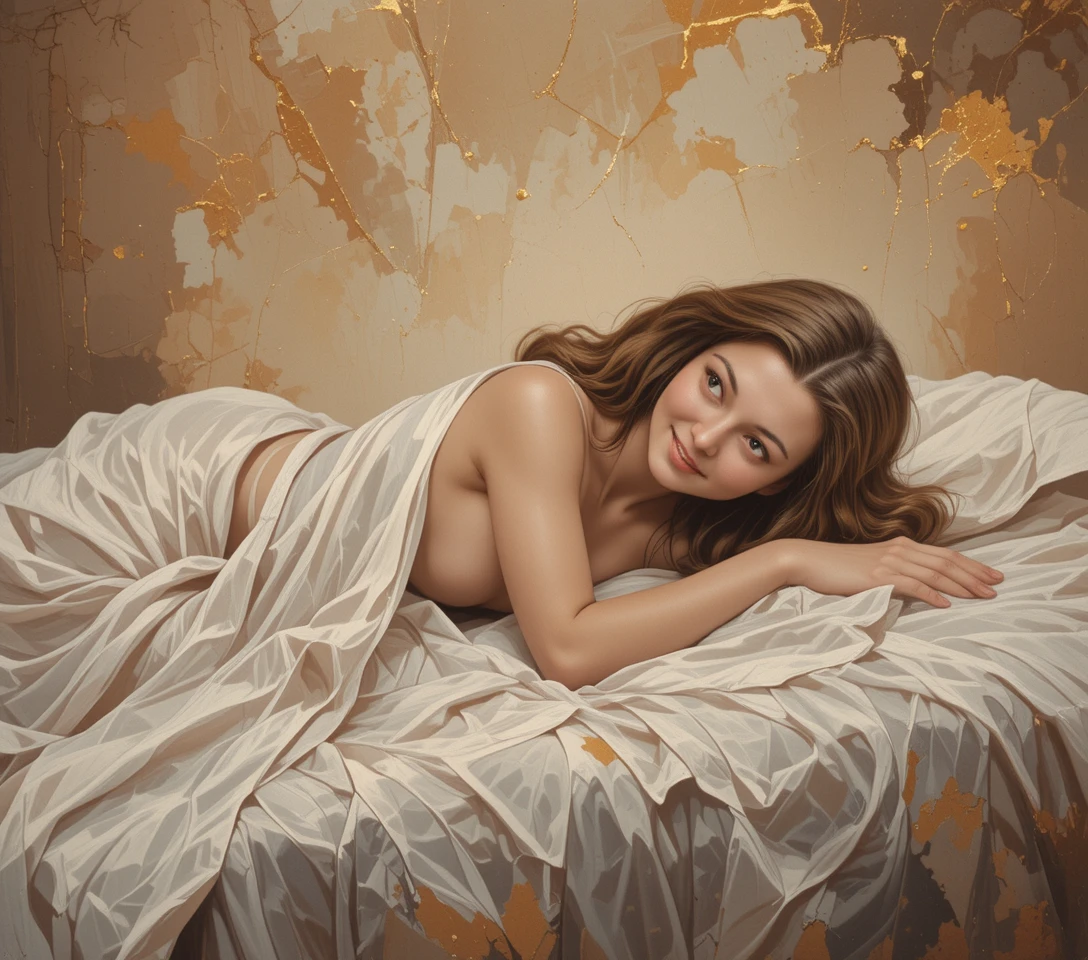 Reclining woman resting on a bed in warm muted tones