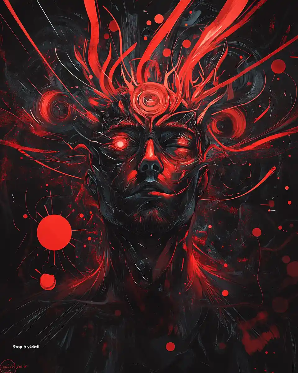 Abstrakte Anime-Gehirn-Illustration mit intensiver emotionaler Botschaft