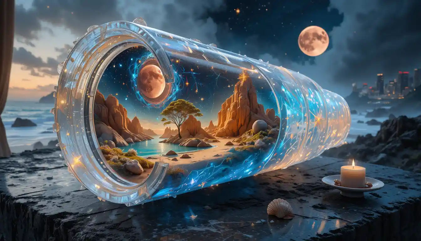 Candle On Granite With Cosmic Sky And Transparent Ice Cubes