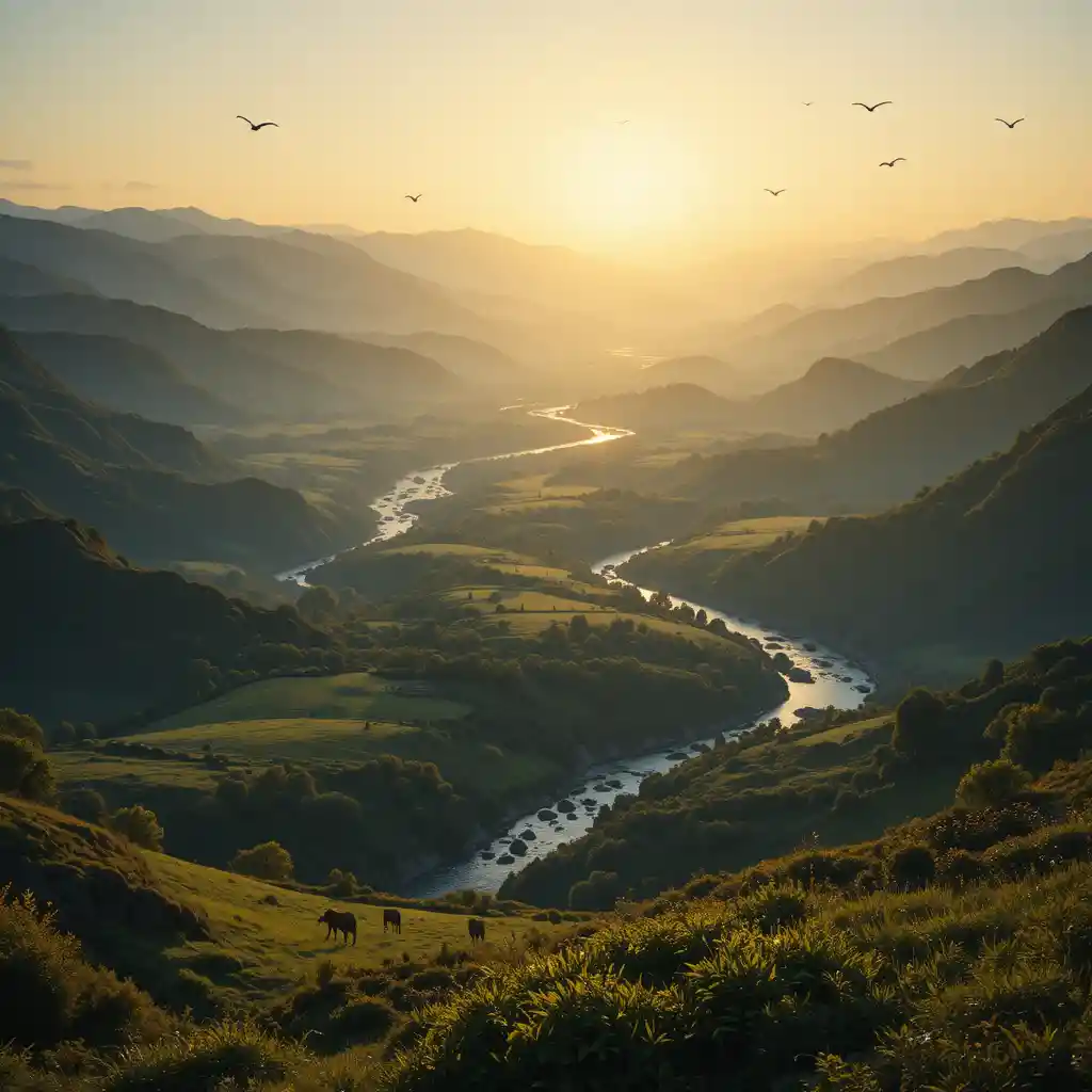 Alba su valli verdi e lontano paesaggio montano
