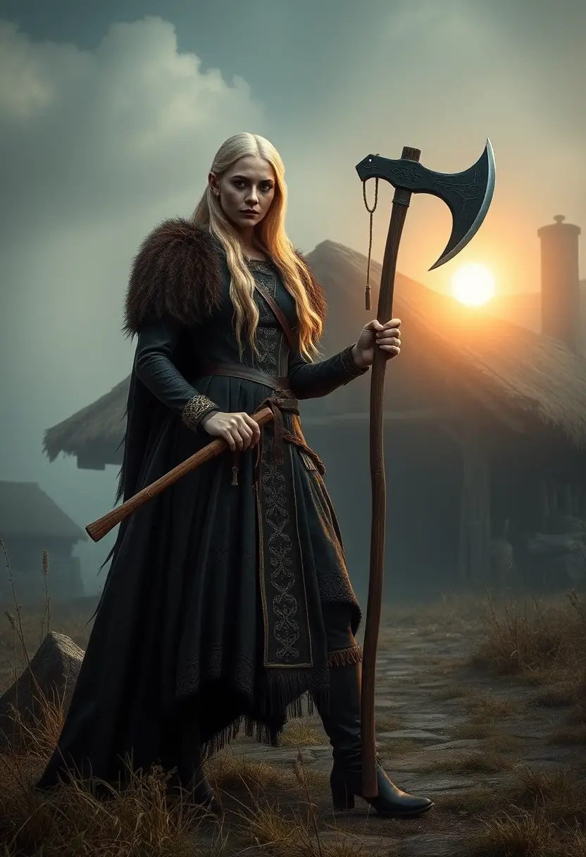 Viking warrior woman with shield and axe at longhouse