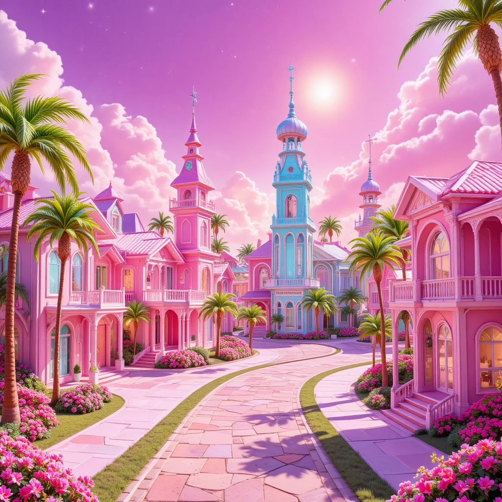 Bairro de fantasia colorido sob um céu rosa pastel estilo Barbie