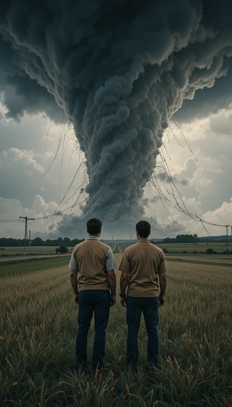 Casal de caçadores de tempestades diante de um tornado extremamente violento