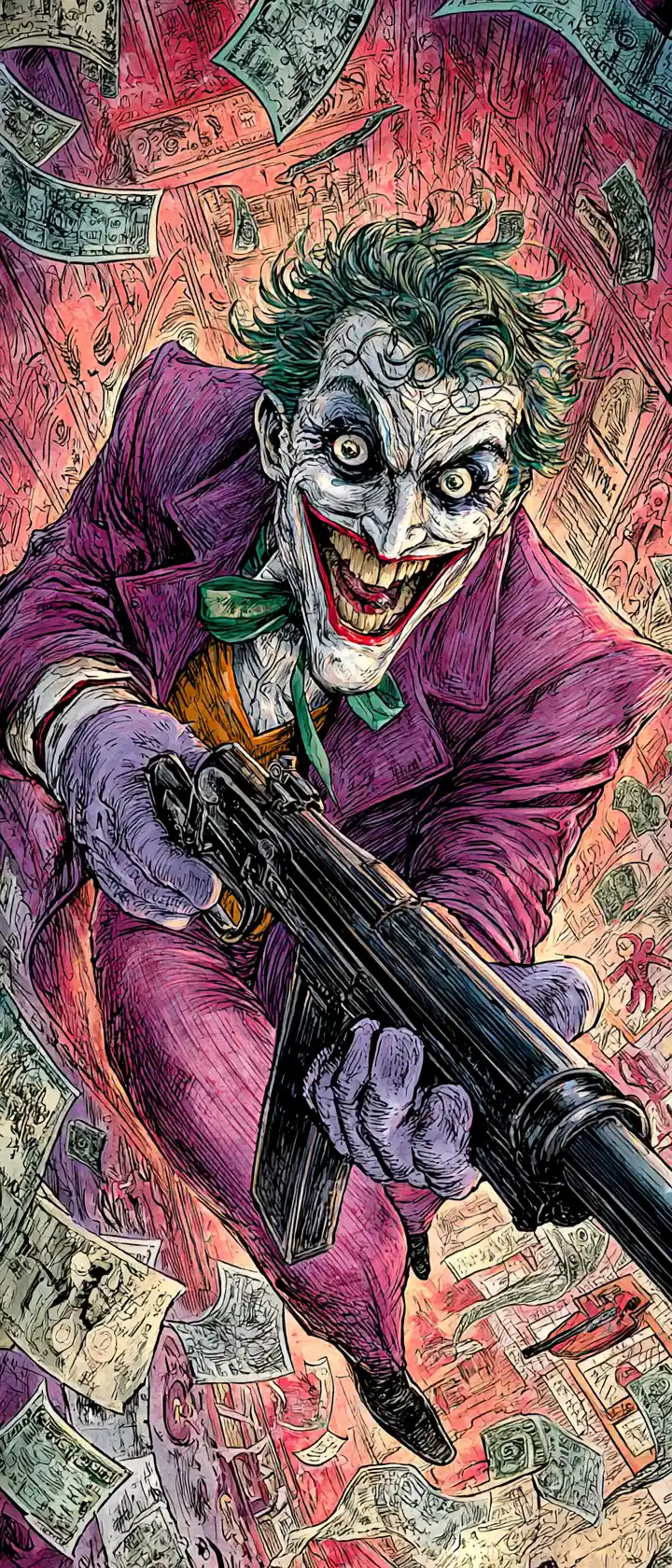 Anime bank robber aiming a vintage submachine gun