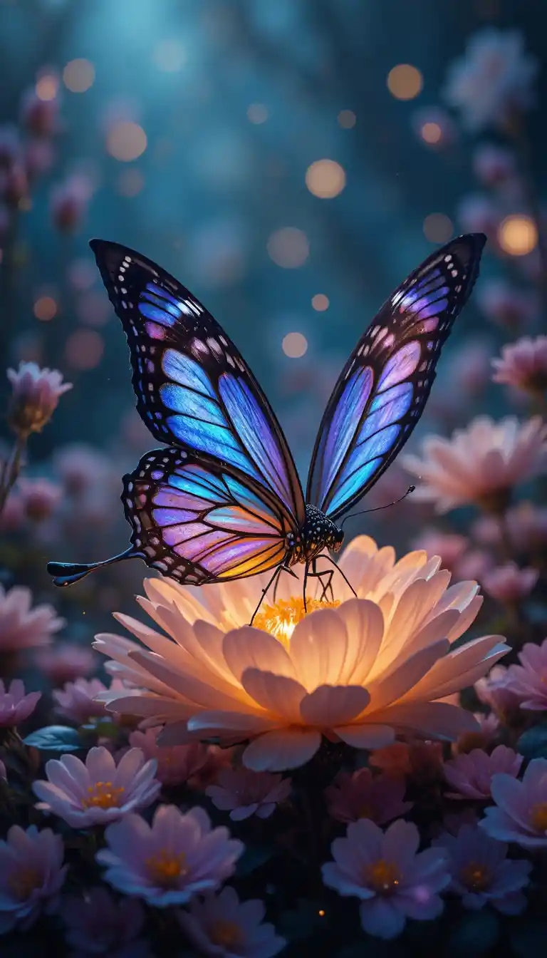 Colorful butterfly resting on a glowing flower at night