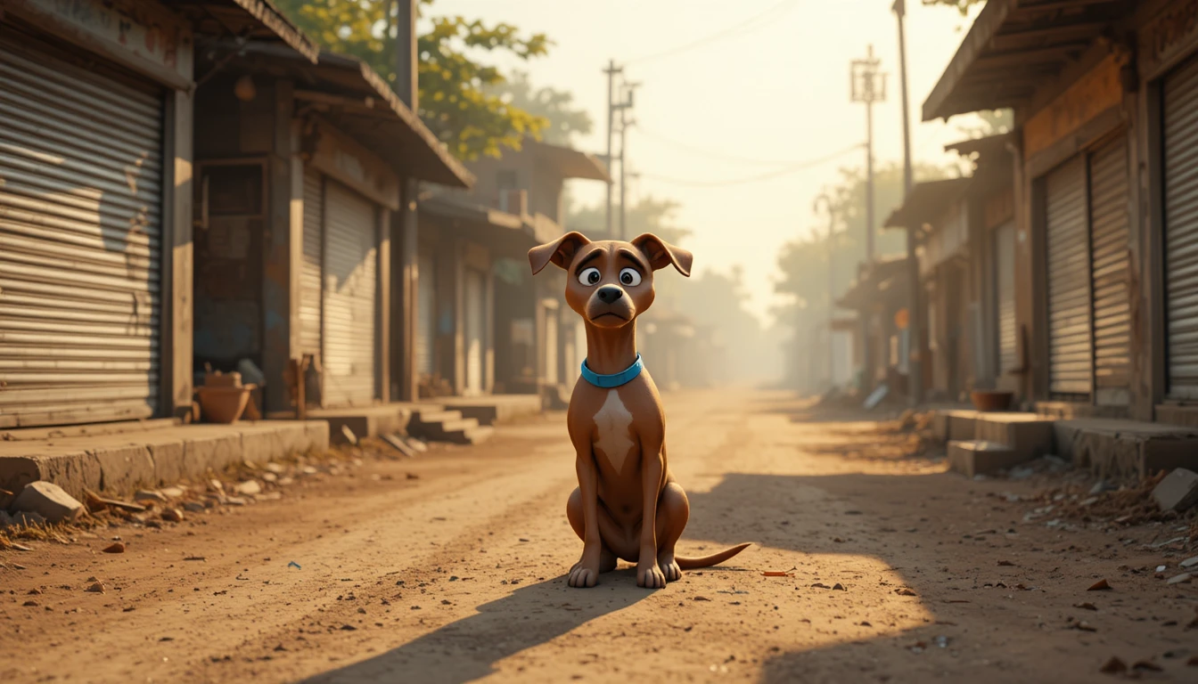 Cane marrone solitario in una tranquilla strada di villaggio all'alba