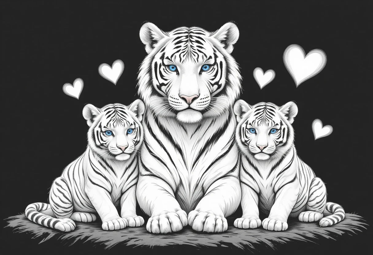 Weiße Tigermutter mit Jungen vor schwarzem Hintergrund