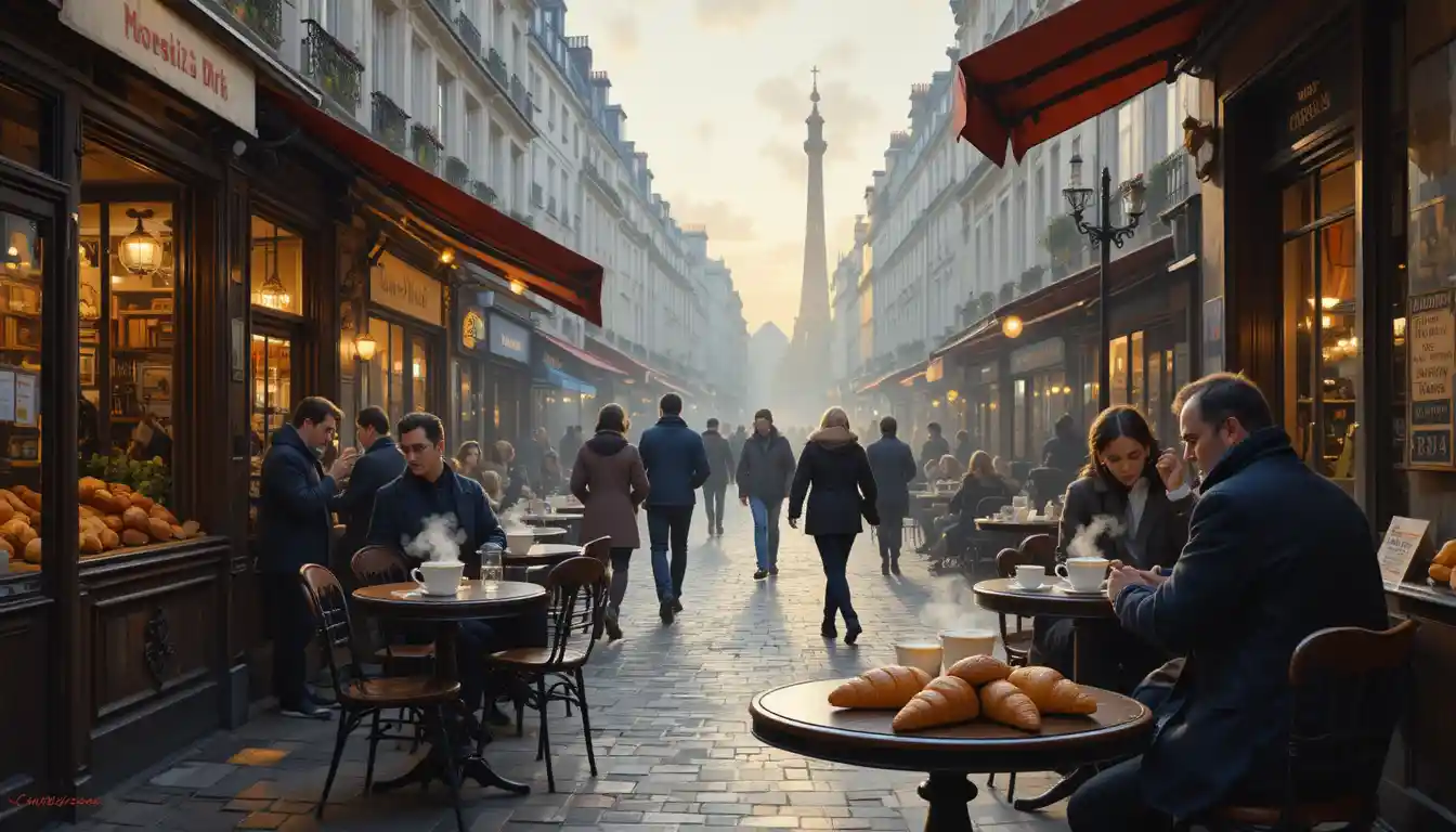 Paris street cafe at dawn with quiet early morning charm