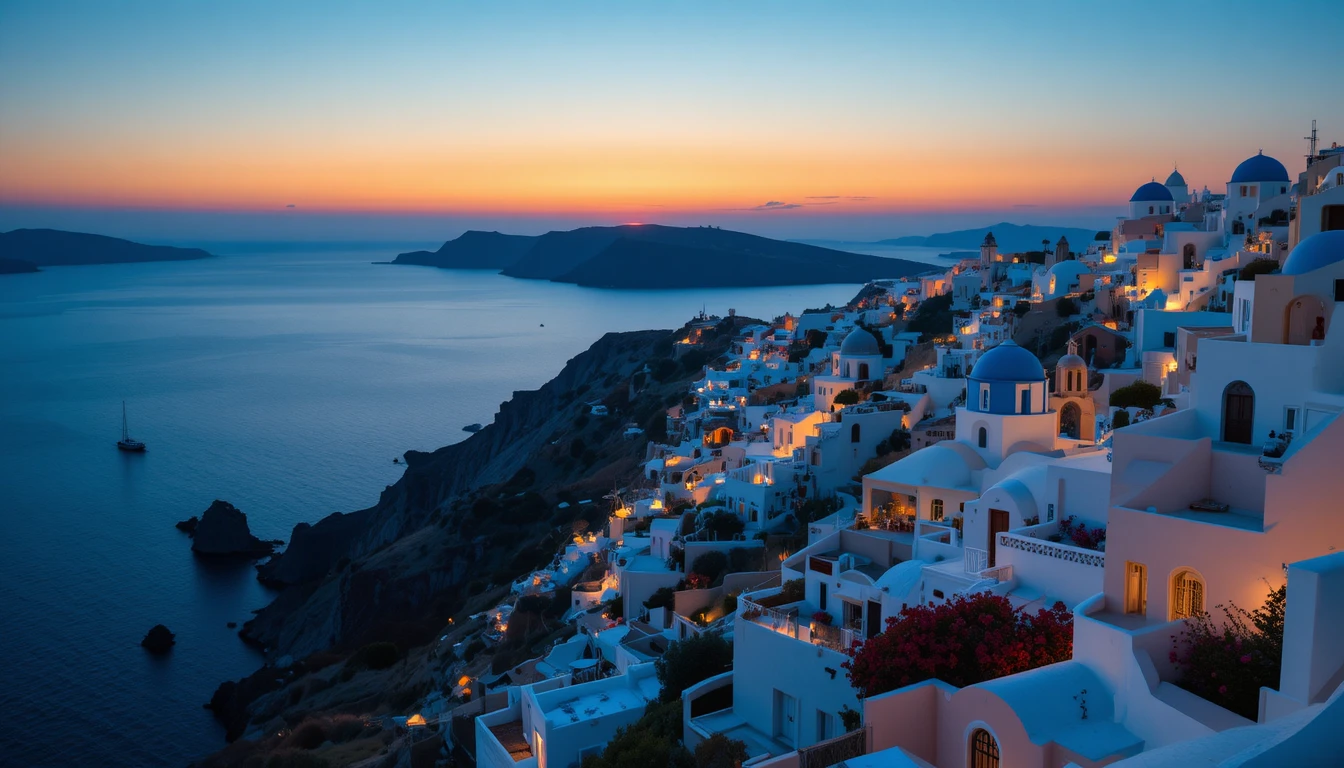 Village côtier de Santorin baigné par la lueur romantique du coucher de soleil