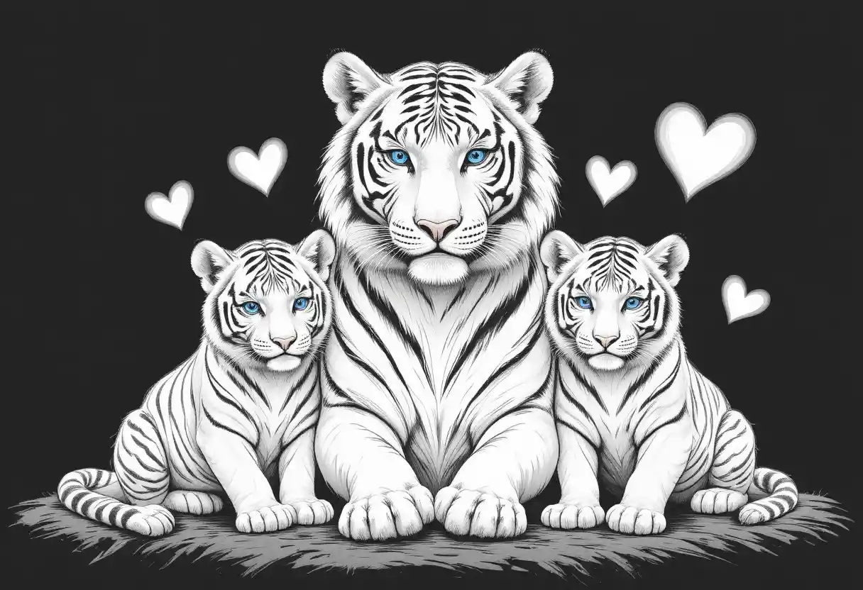 Weiße Tigermutter mit Jungen vor schwarzem Hintergrund