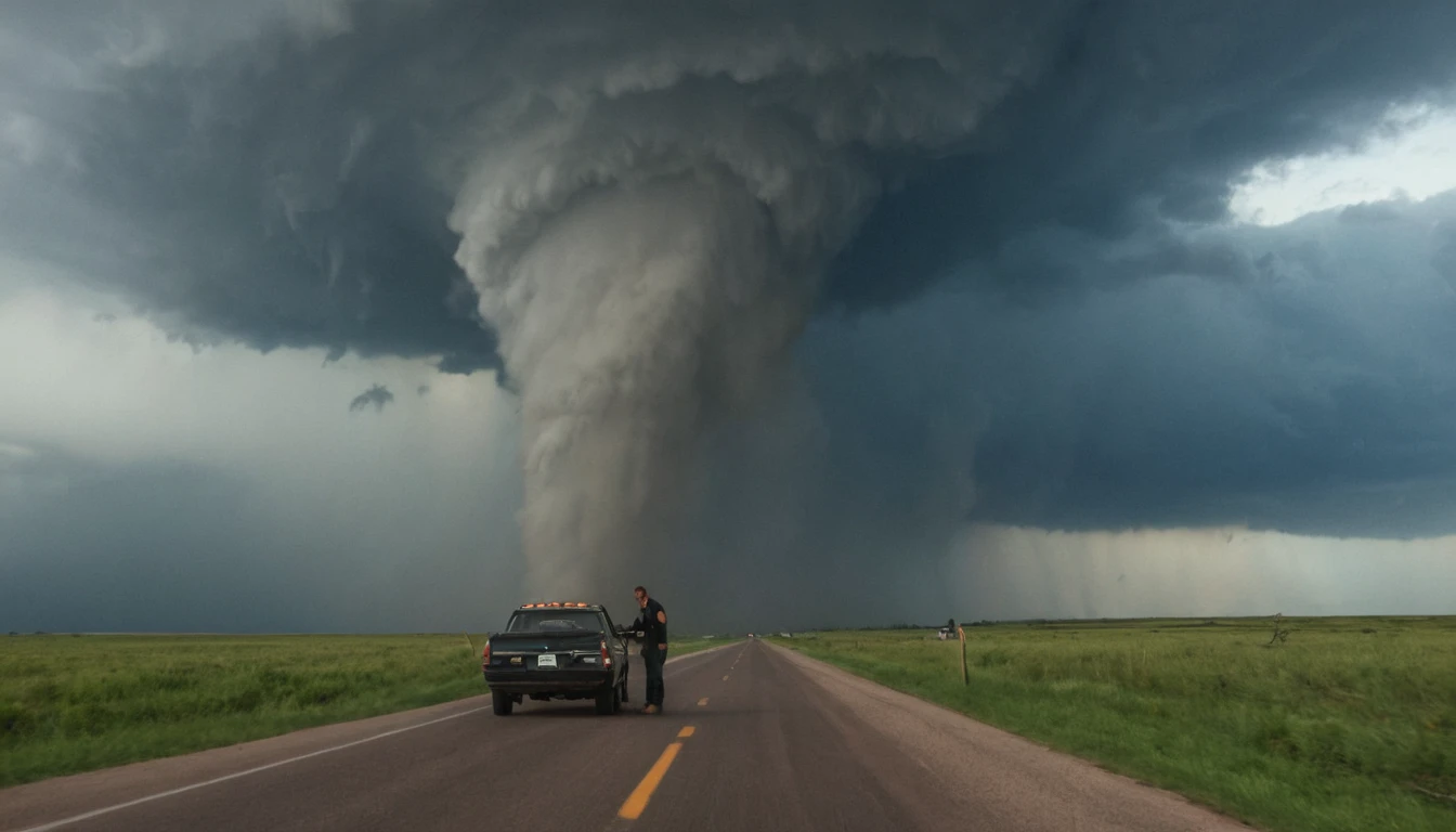 Caçadores de tempestades dirigindo em direção a um tornado extremamente violento
