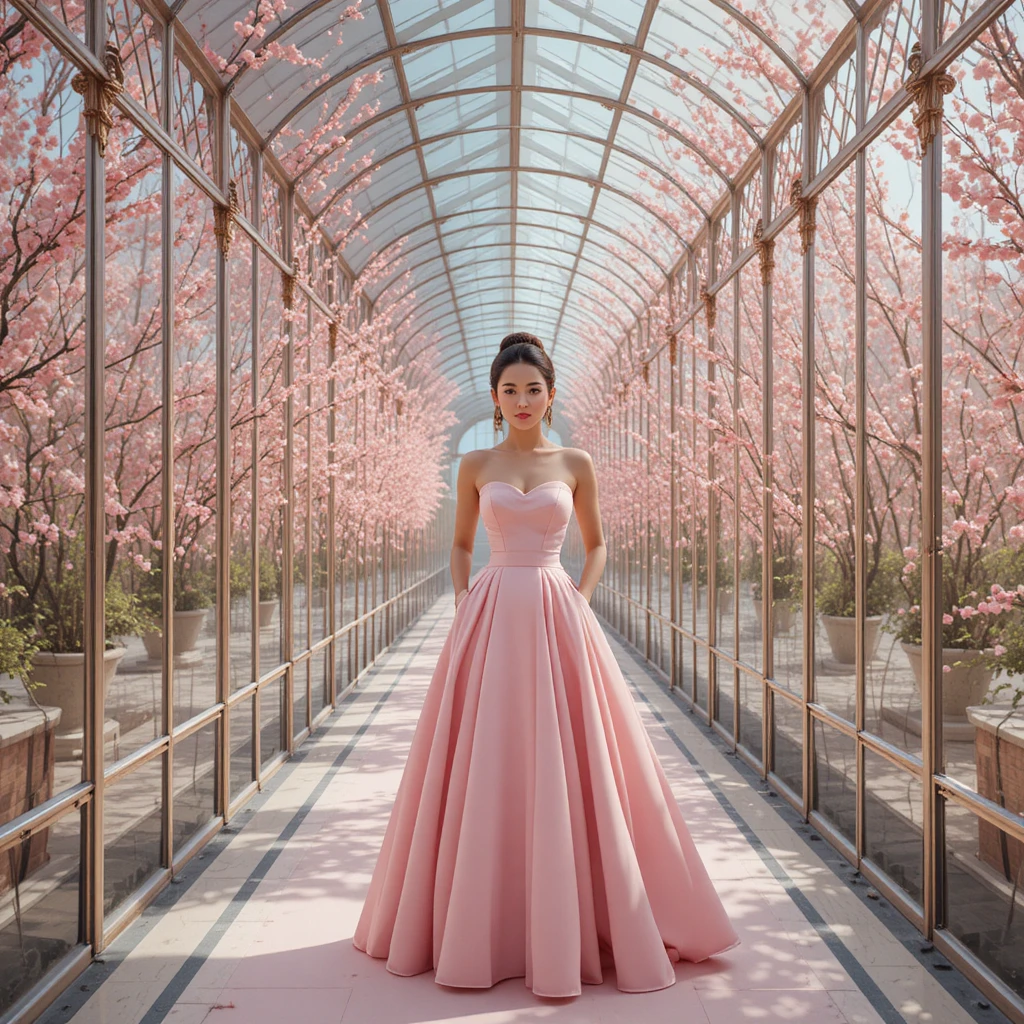 Elegante donna in abito da ballo rosa in un corridoio di vetro riflettente