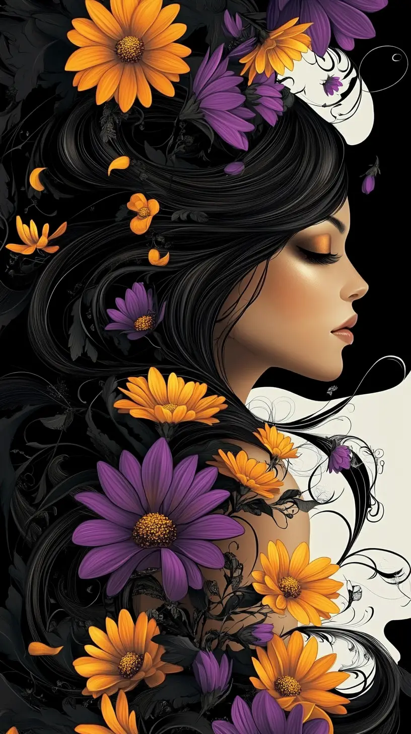 Mulher mexicana com flores roxas no cabelo escuro
