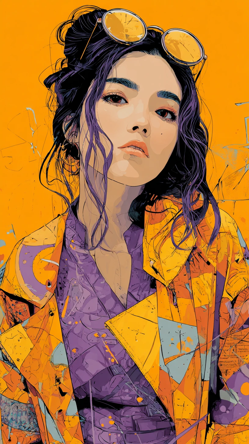 Giovane donna fashion in audace illustrazione arancione e viola