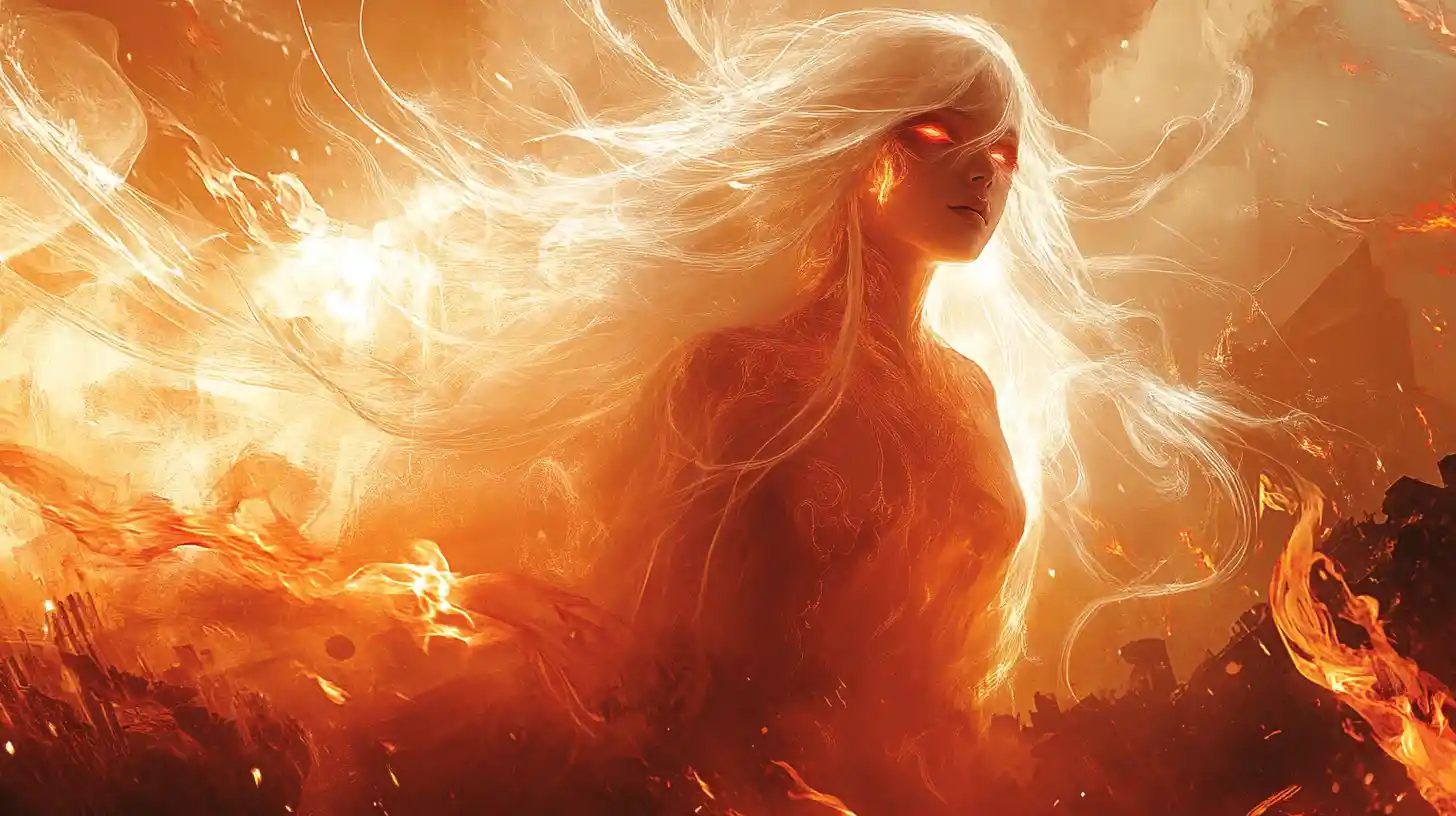 Mystical sorceress dancing in fiery urban ruins