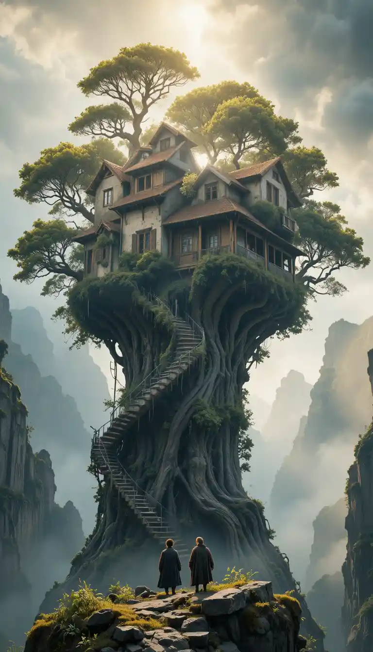 Ancient fantasy treehouse rising above misty cliffs