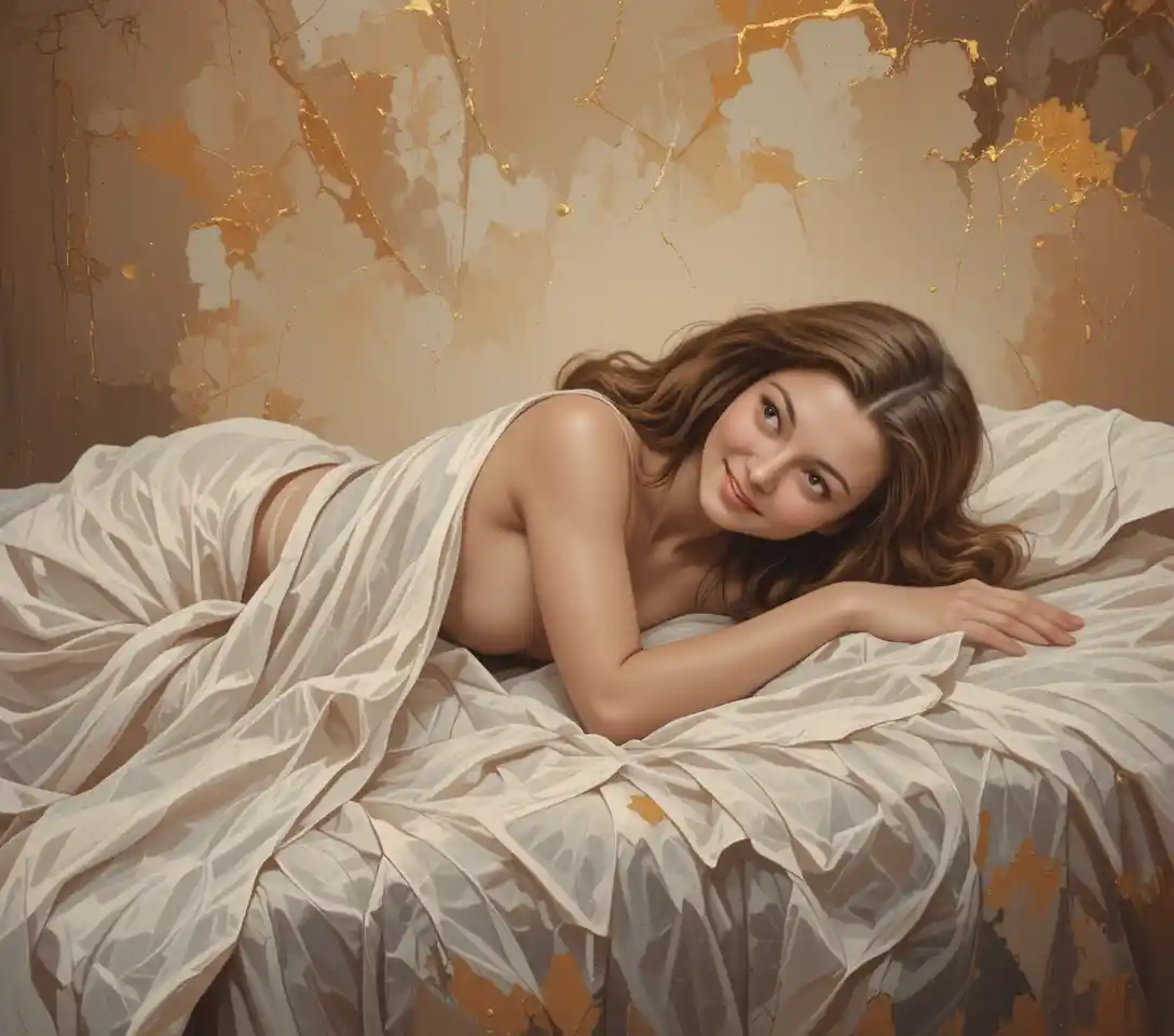 Reclining woman resting on a bed in warm muted tones