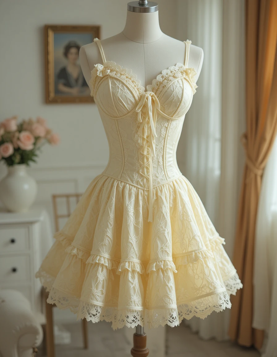 Buttercream yellow lace mini dress with corset bodice