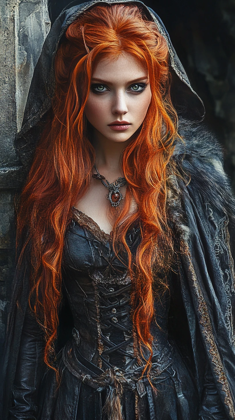 Fille de fantasy rousse avec cape à capuche la nuit